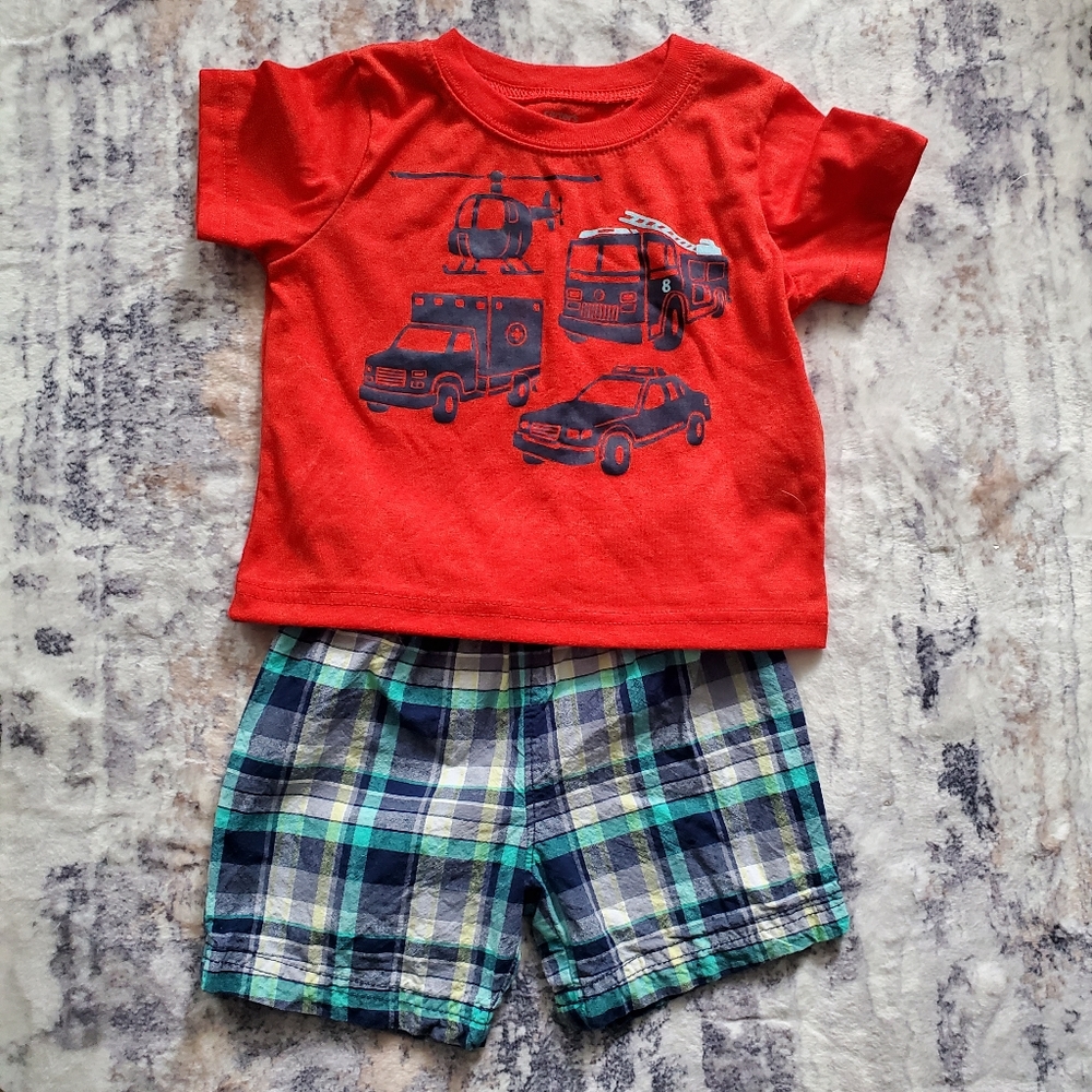 Boy plaid shorts and red rescue vehicle t-shirt. Carter's toddler baby 18m.